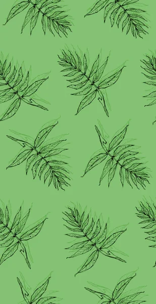 Seamless texture with drawn by hand leaves. Handmade repeating background. Tile pattern. Nature ornament with branches. Green theme.