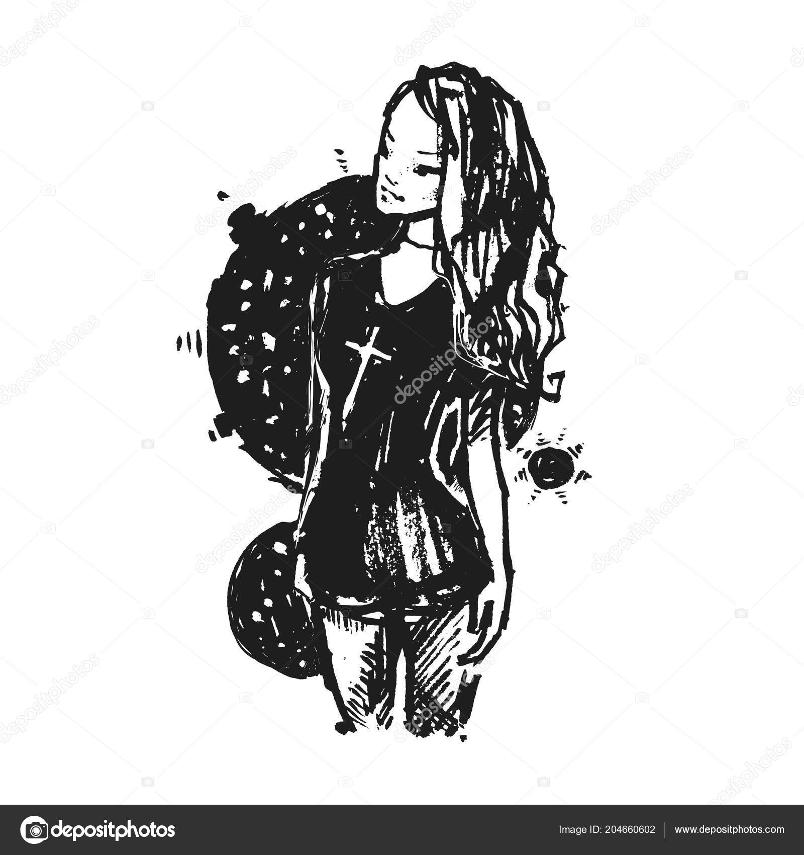 Desenho gráfico ilustração de estilo com uma mulher em um vestido preto desenho feito à mão de tinta ilustração de moda moderna vetor de njavka