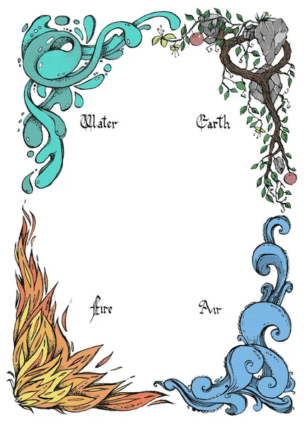 Four nature elements with calligraphic inscription located in the form of a frame. Ink hand drawing. Air, earth, water, fire.