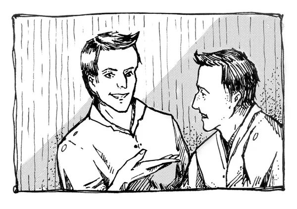 Two mans talking. Hand drawn ink illustration. Two men speaking.