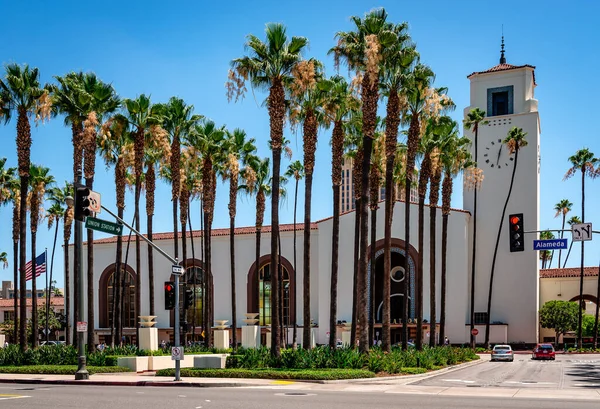 The Main Building and the gardens of Union Station, in Los Angeles, California.