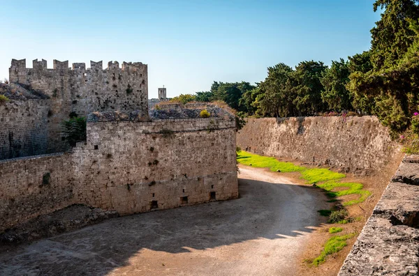 The medieval moat and the city walls. Rhodes island, Greece.
