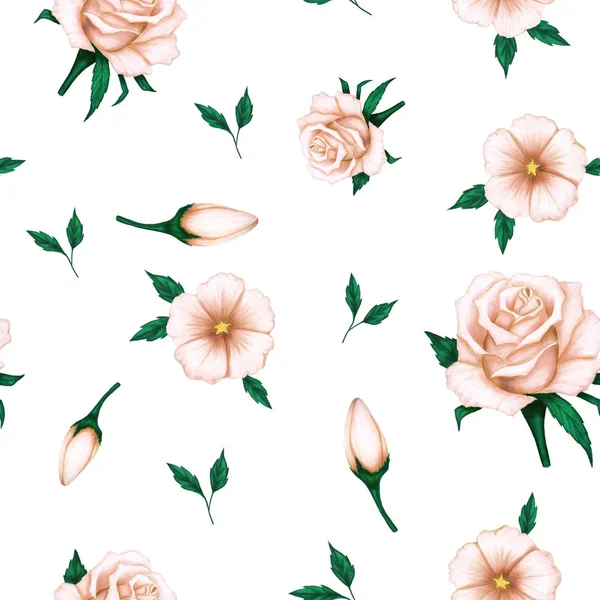 Seamless pattern with beige flowers with green leaves