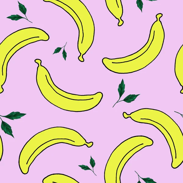 Motif sans couture avec bananes jaunes dessinées à la main et feuilles vertes — Photo