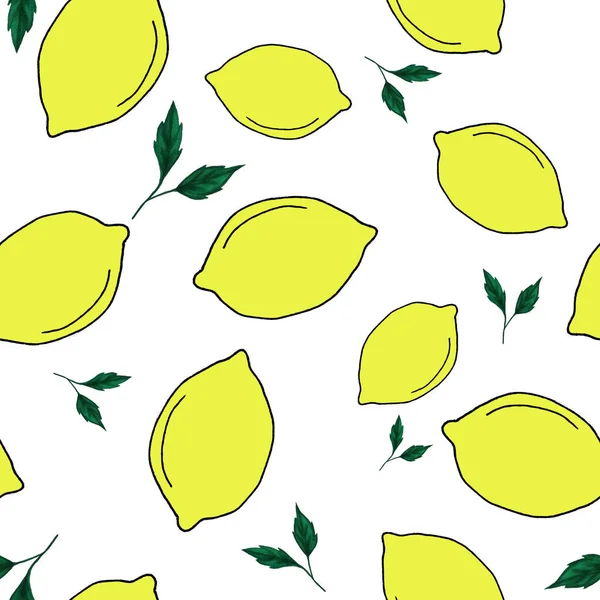 Modèle sans couture avec des citrons jaunes dessinés à la main et des feuilles vertes — Photo