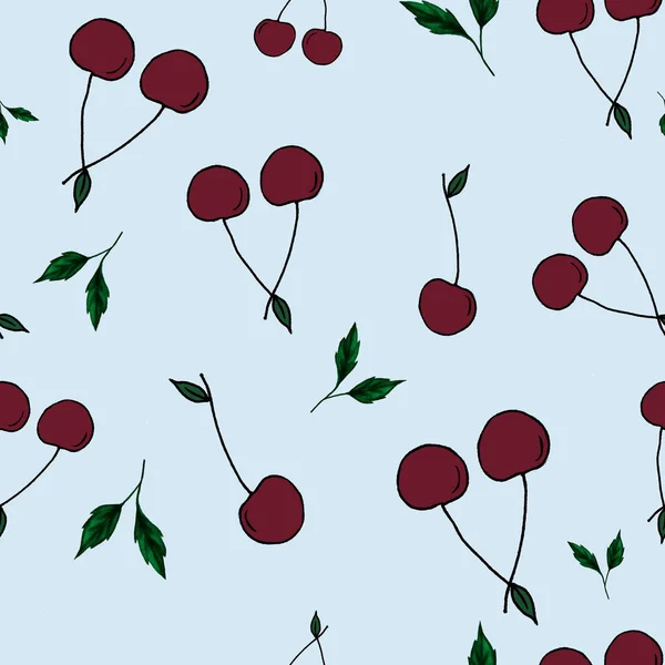 Varratmentes mintázat kézzel rajzolt sötétvörös cseresznyével — Stock Fotó