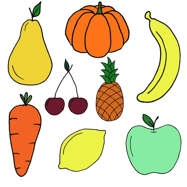 Zestaw ręcznie rysowanych wielobarwnych owoców na białym tle. — Zdjęcie stockowe