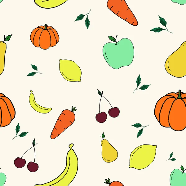 Nahtloses Muster mit handgezeichneten Früchten und grünen Blättern — Stockfoto