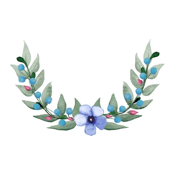 Ręcznie rysowane akwarela niebieskie kwiaty z zielonymi liśćmi — Zdjęcie stockowe