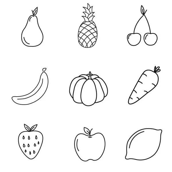 Ensemble d'icônes plates de fruits et légumes dessinées avec des lignes noires sur fond blanc — Image vectorielle