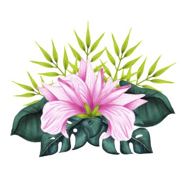 Pembe yaprakları, tropikal yaprakları ve beyaz arka plan üzerinde çiçek elemanları ile hibiscus çiçekler ile Buket.