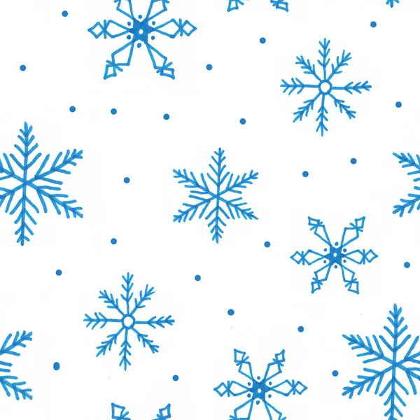 Snowflake simple seamless pattern. Blue snow on white background — ストック写真