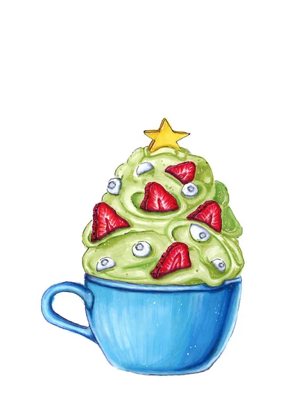 Eine Tasse grünen Sahne Weihnachtsbaum. Aquarellillustration — Stockfoto