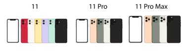 Yeni Iphone 11 Pro Max vektör düz grafik çizimi. Akıllı telefon, arka planda izole edilmiş çerçevesiz boş ekran oluşturur. Öne ve arkaya. Uygulama, web, sunum, Ui / Ux geliştirme kavramı.