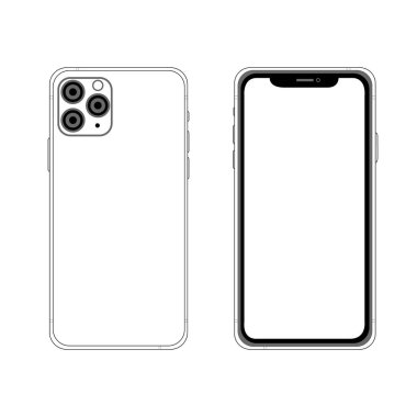 Yeni Iphone 11 Pro Max vektör düz grafik çizimi. Akıllı telefon, arka planda izole edilmiş çerçevesiz boş ekran oluşturur. Öne ve arkaya. Uygulama, web, sunum, Ui / Ux geliştirme kavramı.