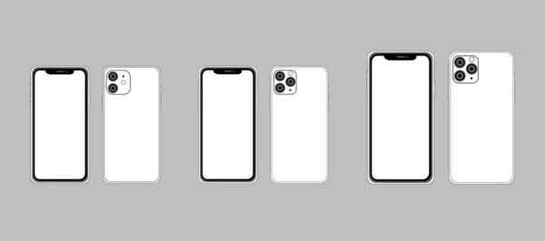 Ön ve arka taraf yeni Iphone 11 Pro Max. Vektör basit grafik çizimi. Akıllı telefon, arka planda izole edilmiş çerçevesiz boş ekran oluşturur. Uygulama, web, sunum, tasarım için.