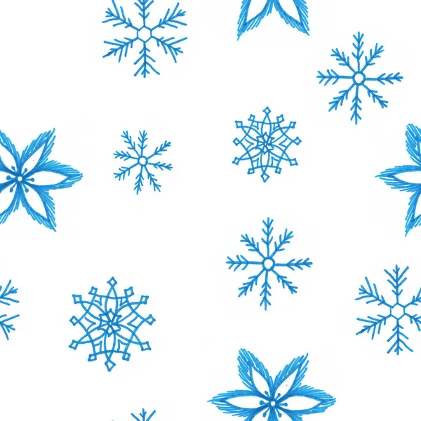 Flocon de neige motif simple sans couture. Neige bleue sur fond blanc — Photo