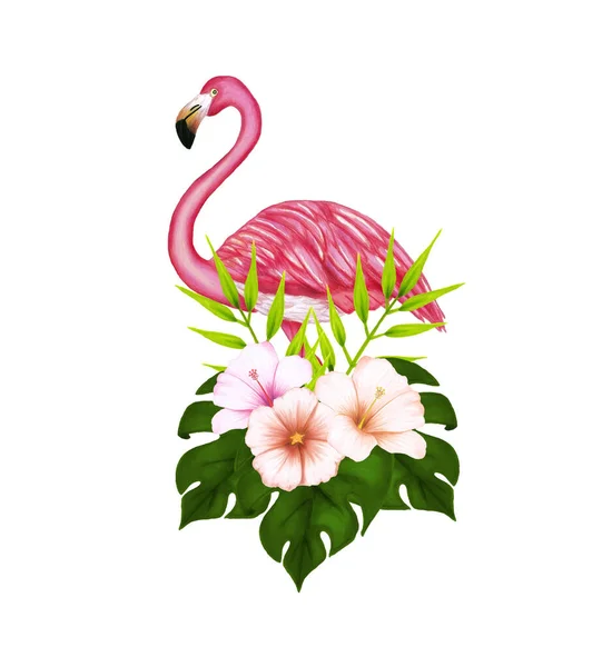 Illustration dessinée à la main de flamant rose, hibiscus, palmier, rose, monstère et feuilles vertes. Élément tropical . — Photo