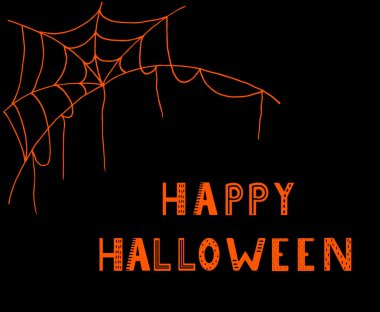 İskandinav tarzında harfler. Cadılar Bayramı çizgi filminin afişi kutlu olsun. Siyah arka planda turuncu örümcek ağı silueti. Cadılar Bayramı partisi daveti için minimalist vektör tasarımı, poster.