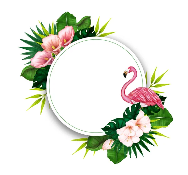 Akwarela kwiatowa z zielonymi gałęziami. Ręcznie rysowana ilustracja. Rama ślubna. Bukiet z flamingiem, hibiskusem i callas z różowymi płatkami, liściem tropikalnym i elementami kwiatowymi na białym tle. — Zdjęcie stockowe