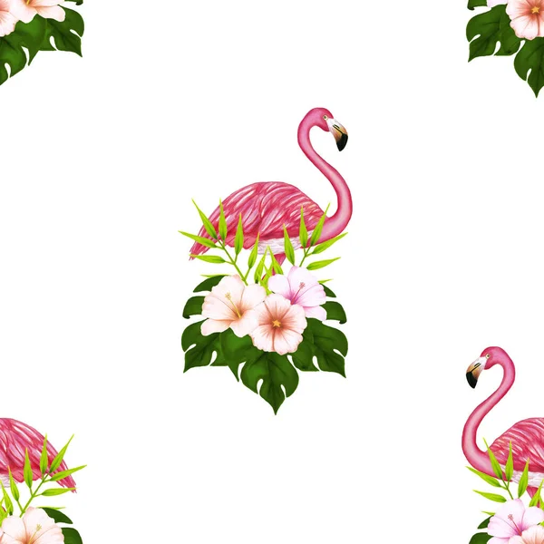 Sealess pattern with hand-drawn illustration of pink flamingo, hibiscus, palm tree, rose and green leaves. Tropical element.