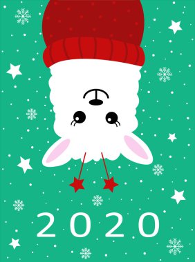 Yeşil arka planda beyaz lama ve kar taneli bayram tebrik kartı. Vektör elle çizilmiş illüstrasyon. Tasarımın için şirin bir kart. Şenlik arka planı. El yazısı modern mektuplar.