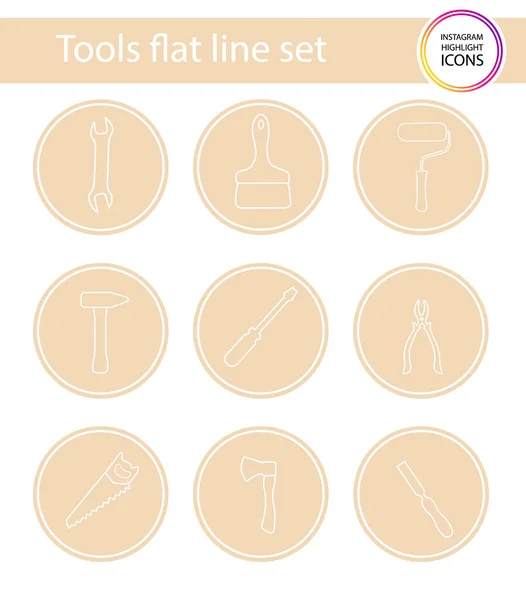 Set di 9 icone vettoriali in cerchio beige per negozi web, scrapbooking, riviste proiettile, blogging, ecc. Instagram Highlights Storie Icone. Icone vettoriali relative agli strumenti semplici . — Vettoriale Stock