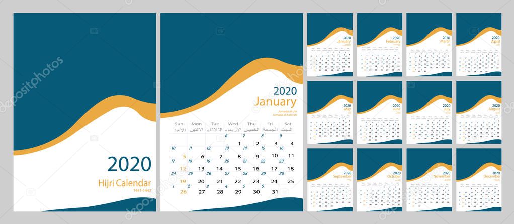 Hijri 1441 to 1442 islamic design template. Vector Celebration template with week starting on sunday in blue simple background. Islamic Calendar 2020. Simple minimal desk and wall type design.
