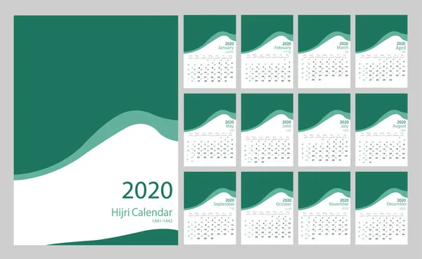 Hijri 1441至1442伊斯兰式设计模板。 矢量庆祝模板,从周日开始的一周绿色简单背景. 伊斯兰历2020年。 简单的最小桌面设计和墙体设计. — 图库矢量图片
