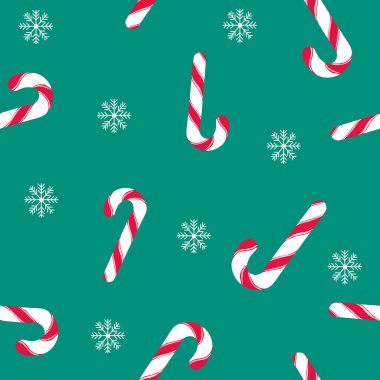 Yeşil arka planda Noel şekeri deseni. Noel lolipopu ve kar taneleriyle kusursuz bir doku. Tekstil, duvar kâğıdı ve kumaş için kış tatili baskısı. Vektör illüstrasyonu.