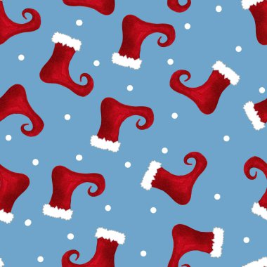 Noel Baba 'nın koyu mavi arka plandaki kırmızı çizmelerinin kusursuz çizmeleri. El çizimi karikatür yakın çekim illüstrasyonu.