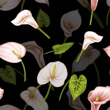 Kusursuz desenli, el çizimi bej anthurium ve siyah arka planda yeşil yapraklar. Kumaş ve ambalaj kağıdı için dekoratif öge.