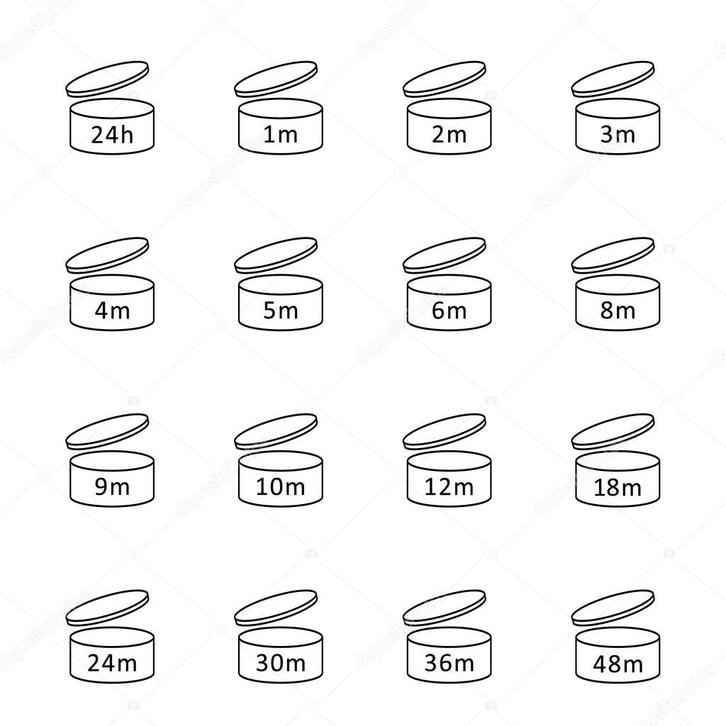 Expiration period symbols. PAO icons of cosmetic open life shelf. Package sign for label of product. Period of validity after opening. Useful lifetime isolated on white background
