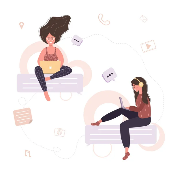 Kommunikationskonzept. Frau sitzt auf Chat-Blasen. Mädchen, die an geschäftlichen Online-Meetings teilnehmen, verhandeln, miteinander reden. Moderne Vektorillustration im Cartoon-Stil. — Stockvektor
