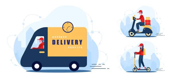 Online delivery service concept home and office. Fast courier on car, bike and scooter. Shipping restaurant food, mail and packages. Modern vector illustration in flat cartoon style. — Stock Vector