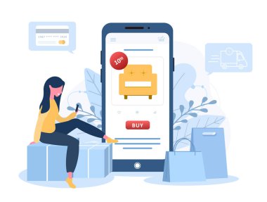 İnternetten alışveriş. Çevrimiçi bir mağazada yerde oturan bir kadın mağazası. Web tarayıcı sayfasındaki ürün kataloğu. Alışveriş kutuları. Arka planda kal. Karantina ya da kendini izole etme. Düz biçim.