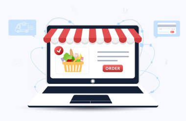 İnternetten yemek siparişi. Market teslimatı. Web tarayıcı sayfasındaki ürün kataloğu. Alışveriş kutuları. Evde kal. Karantina ya da kendini izole etme. Düz biçimli modern vektör illüstrasyonu.