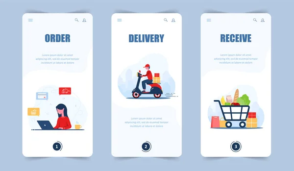 Online madbestilling. Købmandslevering. Mobil app og destinationsside. En kvindebutik i en online butik. Hurtig kurer på scooteren. Indkøbskurv. Moderne vektor illustration i flad tegneserie stil. – Stock-vektor