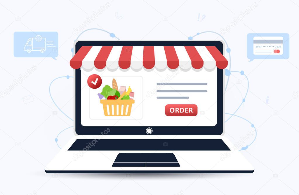 Online food order. Grocery delivery. The product catalog on the web browser page. Shopping boxes. Stay at home. Quarantine or self-isolation. Modern vector illustration in flat style.