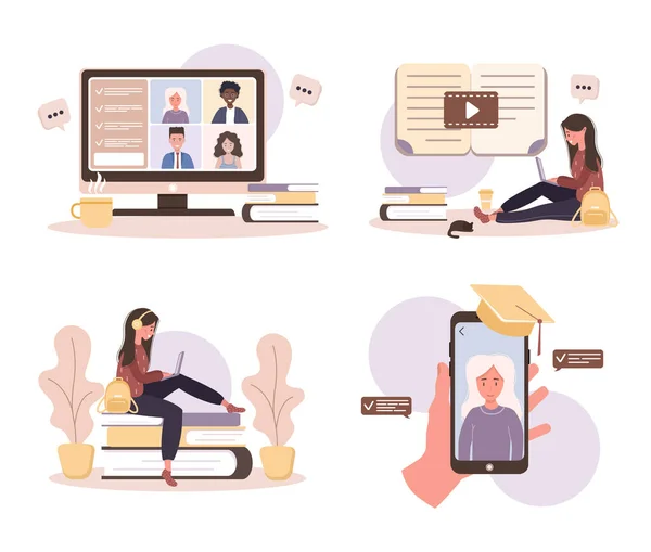 Online eğitim. Düz tasarım eğitim ve video dersleri konsepti. Öğrenciler evde öğreniyor. Web sitesi afişi, pazarlama materyali, sunum şablonu, çevrimiçi reklamcılık için vektör illüstrasyonu.