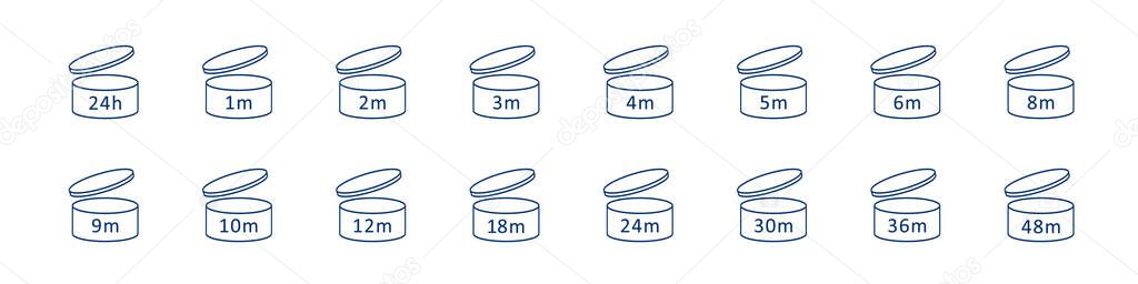 Expiration period symbols. PAO icons of cosmetic open life shelf. Package sign for label of product. Period of validity after opening. Useful lifetime isolated on white background.
