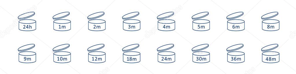 Expiration period symbols. PAO icons of cosmetic open life shelf. Package sign for label of product. Period of validity after opening. Useful lifetime isolated on white background