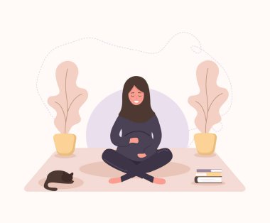 Güzel Arap hamile kadın yoga yapıyor, sağlıklı bir yaşam tarzı ve rahatlığı var. Kızlar için egzersizler. Düz biçimde modern vektör illüstrasyonu. Beyaz arka planda izole edilmiş mutlu hamilelik kavramı.