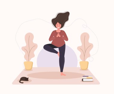 Güzel hamile bir kadın yoga yapıyor, sağlıklı bir yaşam tarzı ve rahatlığı var, kızlar için egzersiz yapıyor. Modern vektör düz çizim. Beyaz arka planda izole edilmiş mutlu hamilelik kavramı.