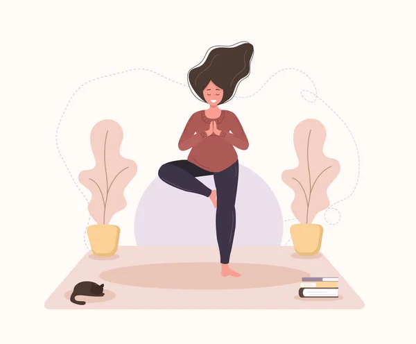 Mooie zwangere vrouw doet yoga, met een gezonde levensstijl en ontspanning, oefeningen voor meisjes. Moderne vector platte illustratie. Happy zwangerschap concept geïsoleerd op witte achtergrond. — Stockvector