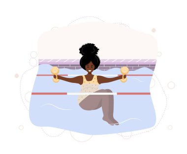 Bilardodaki bikinili Afrikalı hamile kadın. Aqua fitness ve aerobik. Sağlıklı bir yaşam tarzı. Genç anne ağırlıklarla suda egzersiz yapıyor. Düz bir şekilde vektör illüstrasyonu. Çizgi film karakteri.