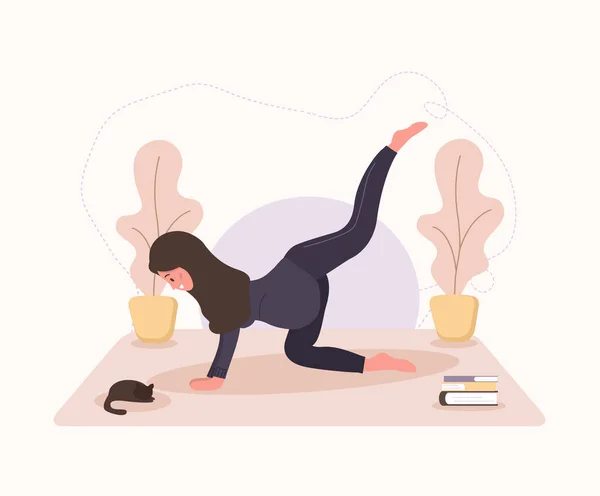 Hübsche arabische schwangere Frau beim Yoga, mit gesundem Lebensstil und Entspannung. Übungen für Mädchen. Moderne Vektorillustration im flachen Stil. Glückliche Schwangerschaft Konzept isoliert auf weißem Hintergrund. — Stockvektor