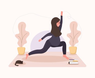 Güzel Arap hamile kadın yoga yapıyor, sağlıklı bir yaşam tarzı ve rahatlığı var. Kızlar için egzersizler. Düz biçimde modern vektör illüstrasyonu. Beyaz arka planda izole edilmiş mutlu hamilelik kavramı.
