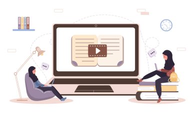 Online eğitim. Düz tasarım eğitim ve video dersleri konsepti. Öğrenciler evde öğreniyor. Web sitesi afişi, pazarlama materyali, sunum şablonu, çevrimiçi reklamcılık için vektör illüstrasyonu.