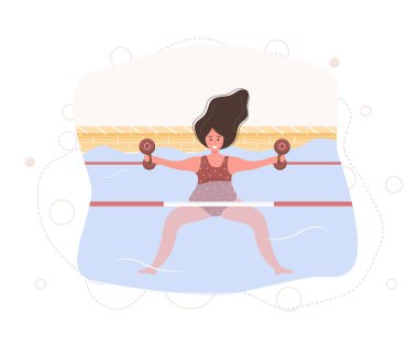 Bilardodaki bikinili hamile kadın. Aqua fitness ve aerobik. Sağlıklı bir yaşam tarzı. Genç anne ağırlıklarla suda egzersiz yapıyor. Düz bir şekilde vektör illüstrasyonu. Çizgi film karakteri.